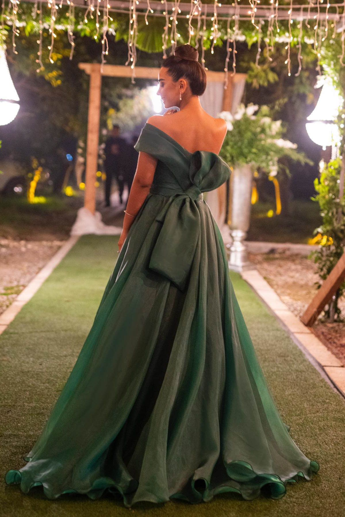 Green A Line Prom Dress Cap Sleeve One Shoulder Organza Formal Dress