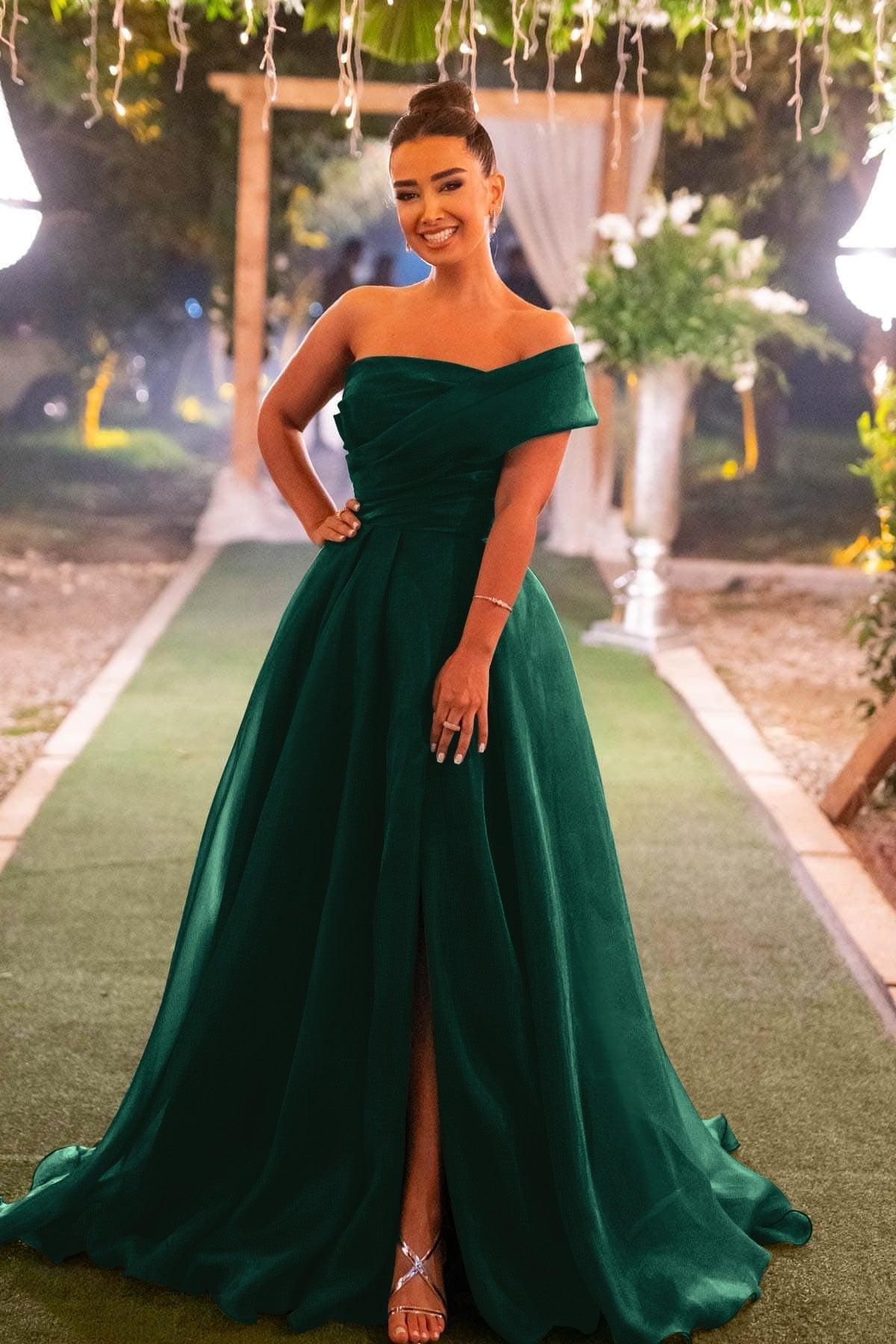 Green A Line Prom Dress Cap Sleeve One Shoulder Organza Formal Dress