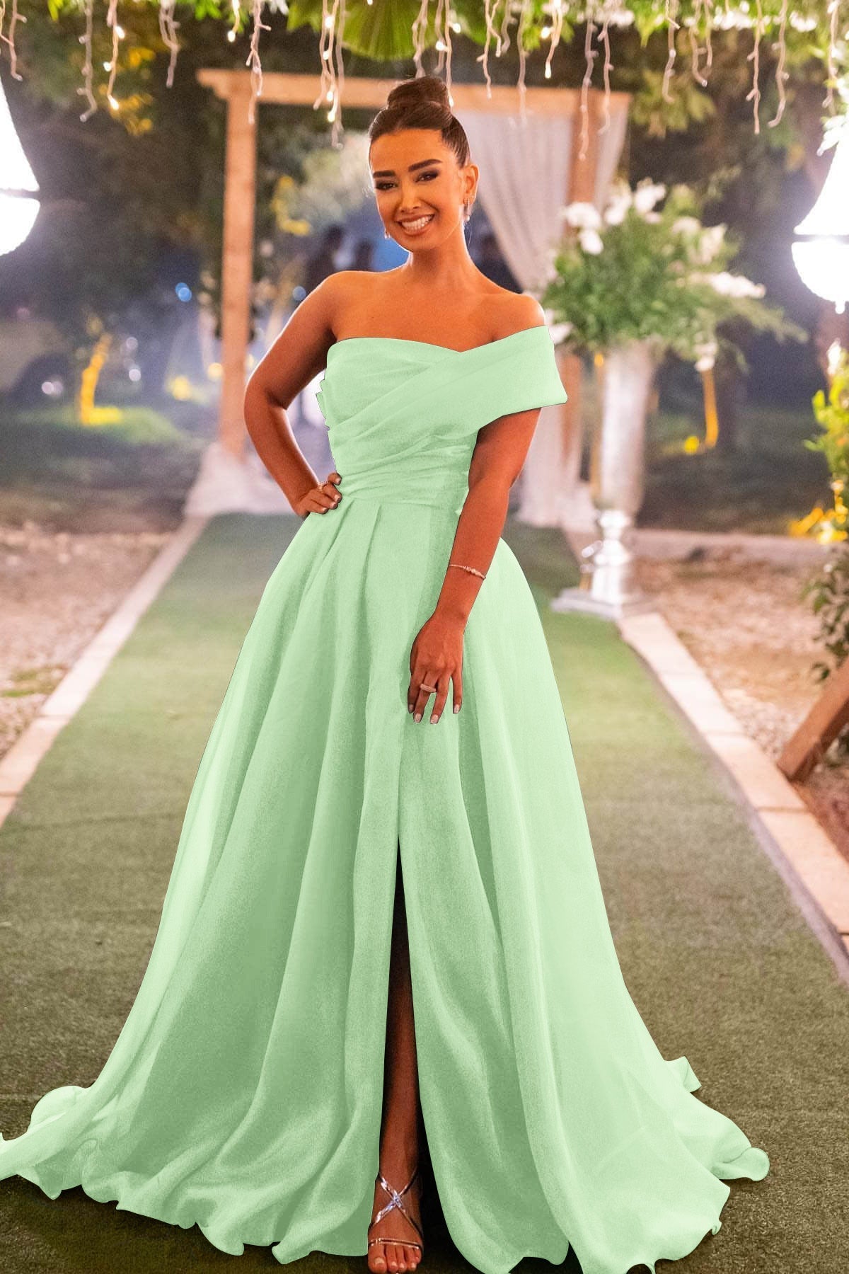 Green A Line Prom Dress Cap Sleeve One Shoulder Organza Formal Dress