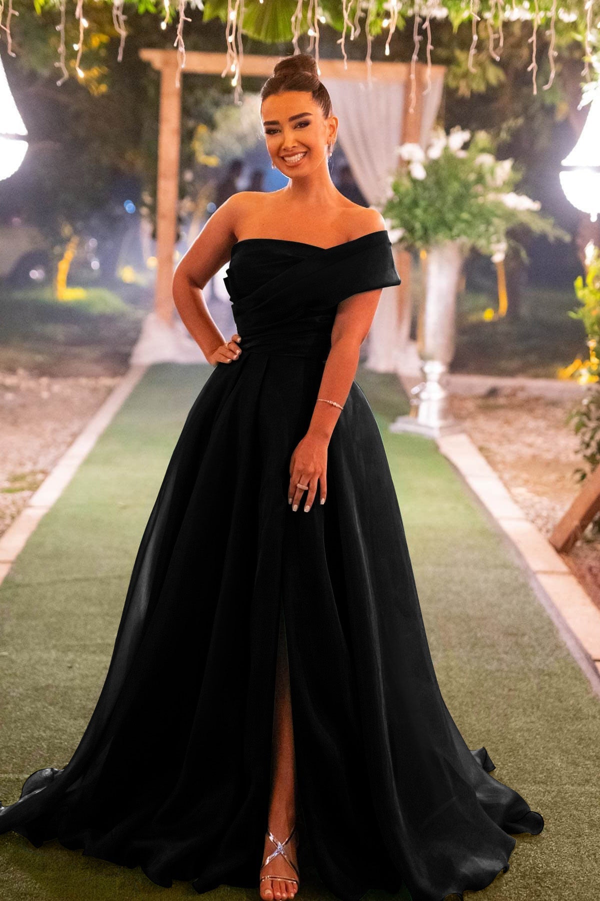 Green A Line Prom Dress Cap Sleeve One Shoulder Organza Formal Dress