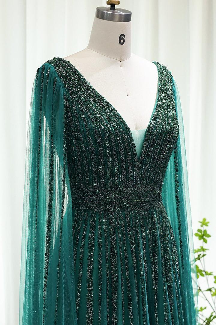 Green A Line Prom Dress Cap Sleeve V Neck Formal Dress With Beadings and Rhinestones