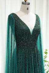 Green A Line Prom Dress Cap Sleeve V Neck Formal Dress With Beadings and Rhinestones