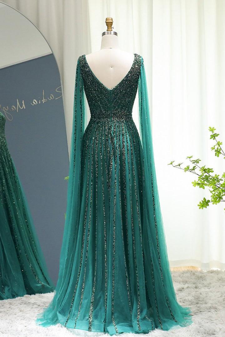 Green A Line Prom Dress Cap Sleeve V Neck Formal Dress With Beadings and Rhinestones