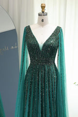 Green A Line Prom Dress Cap Sleeve V Neck Formal Dress With Beadings and Rhinestones