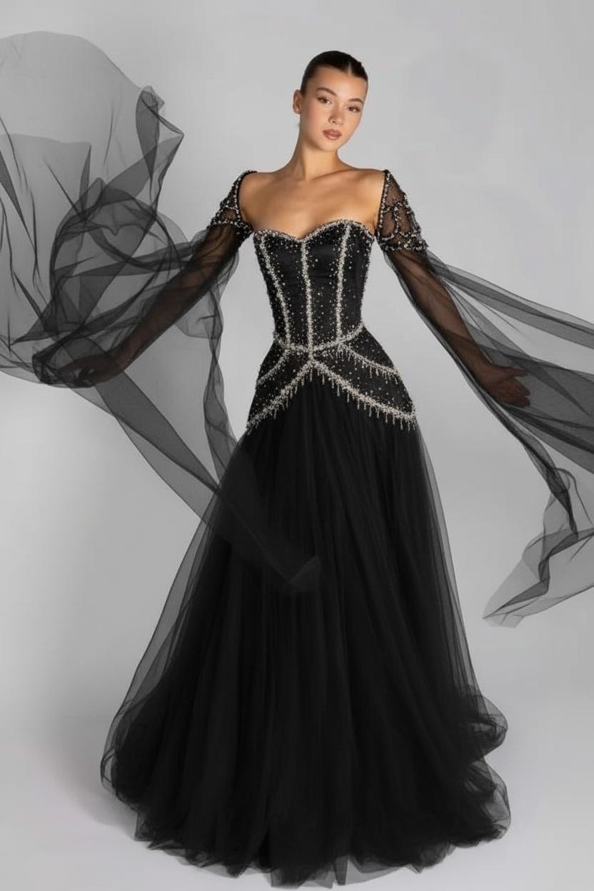 Green A Line Prom Dress Long Sleeve Sweetheart Formal Dress With Beadings and Rhinestones