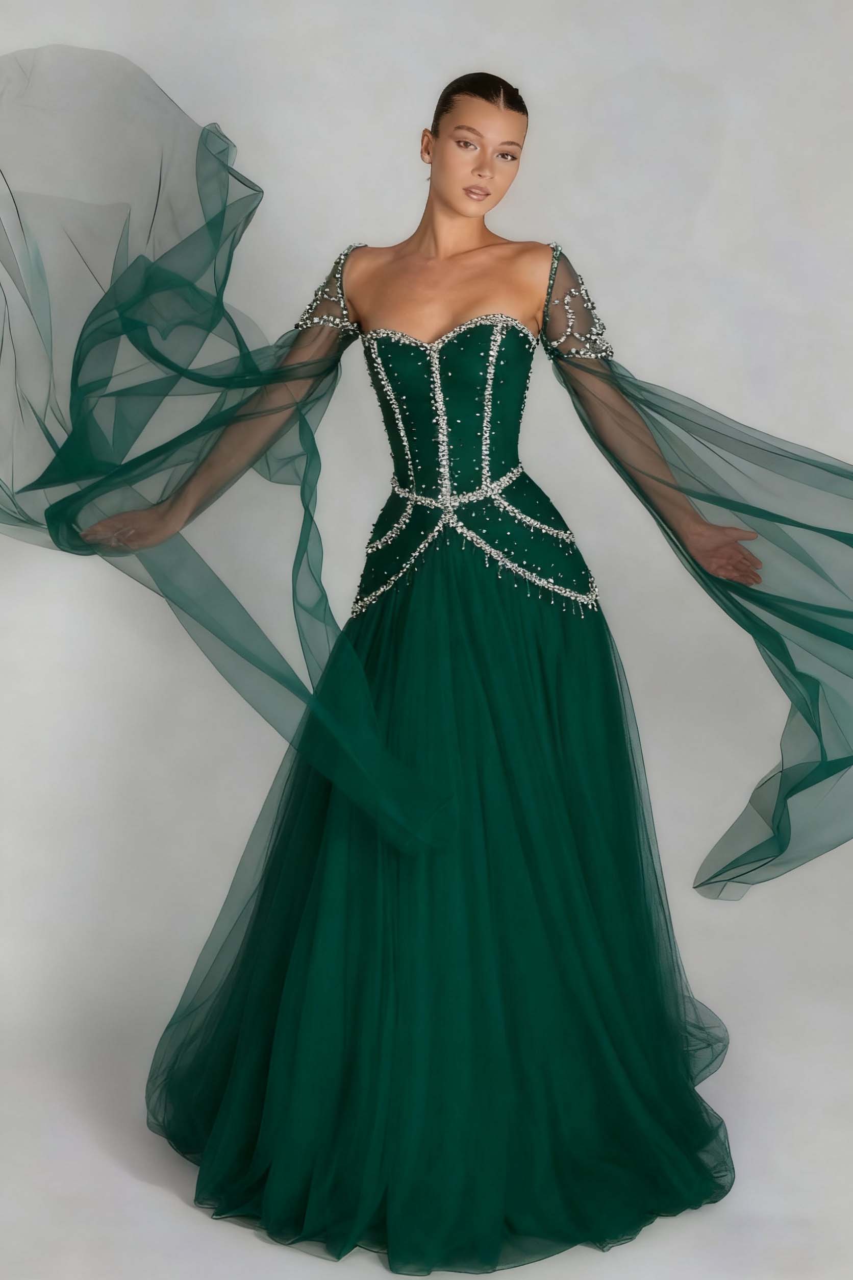 Green A Line Prom Dress Long Sleeve Sweetheart Formal Dress With Beadings and Rhinestones