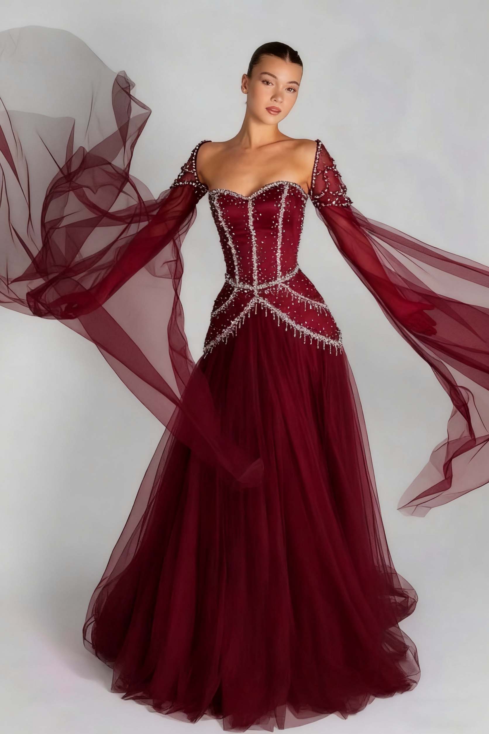 Green A Line Prom Dress Long Sleeve Sweetheart Formal Dress With Beadings and Rhinestones