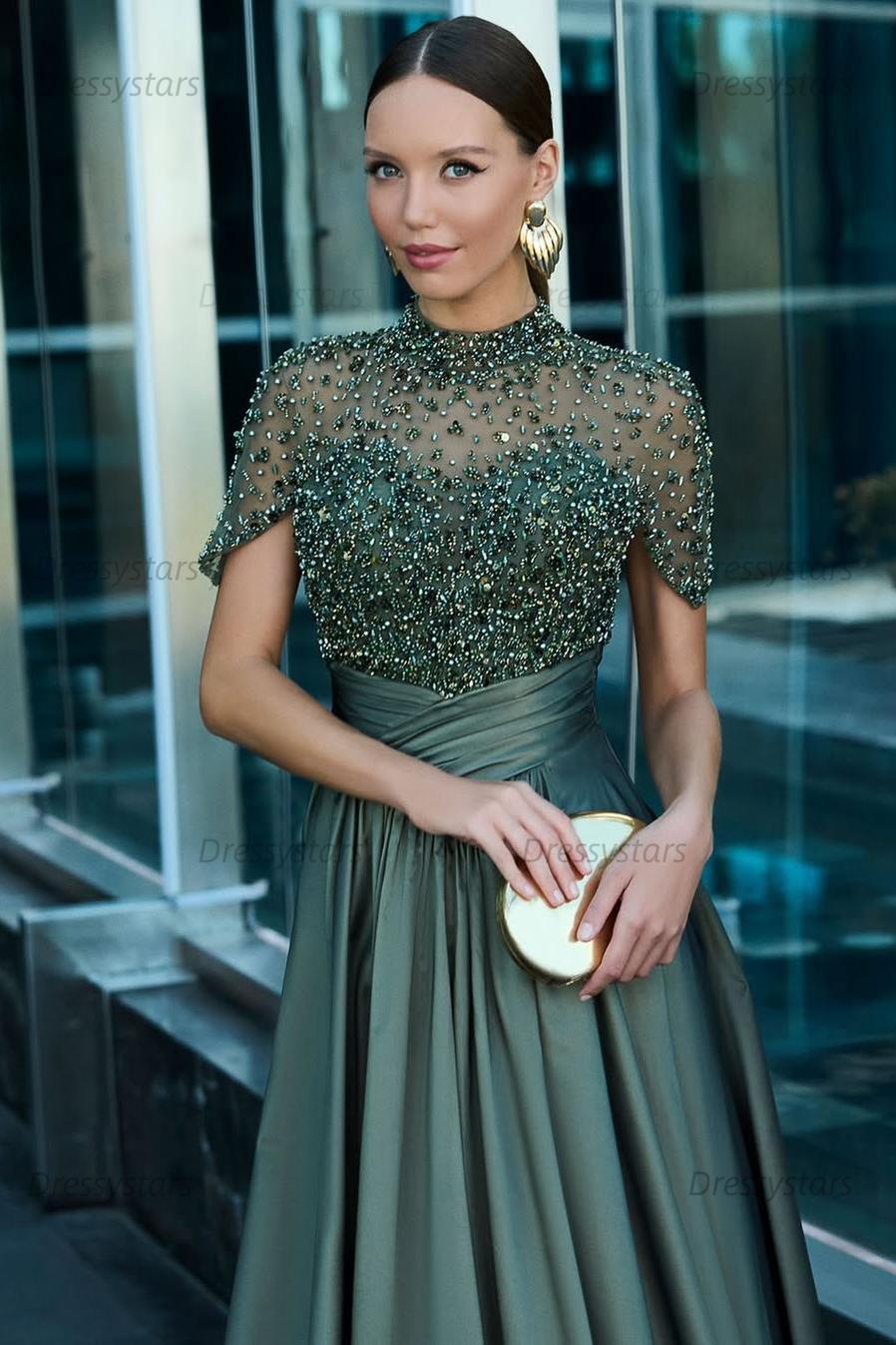 Green A Line Prom Dress Short Sleeve High Neck Formal Dress With Beadings and Rhinestones
