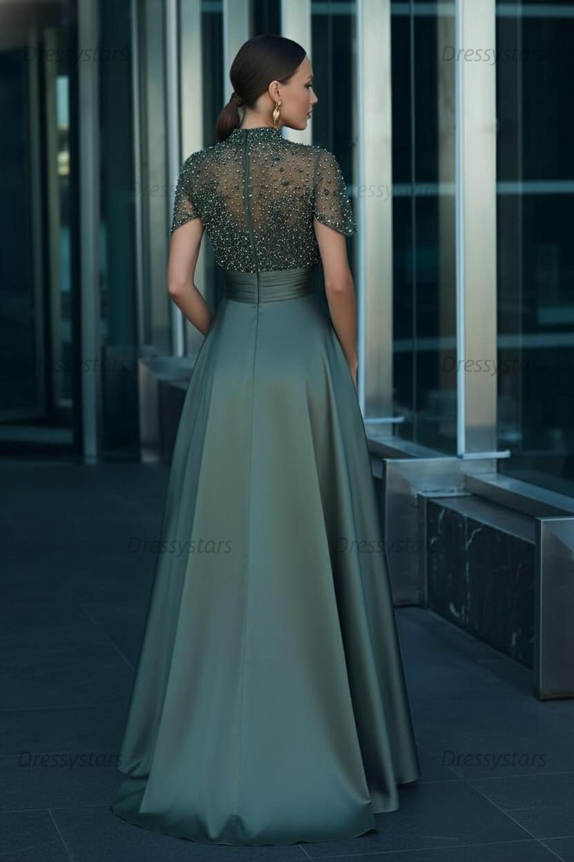 Green A Line Prom Dress Short Sleeve High Neck Formal Dress With Beadings and Rhinestones