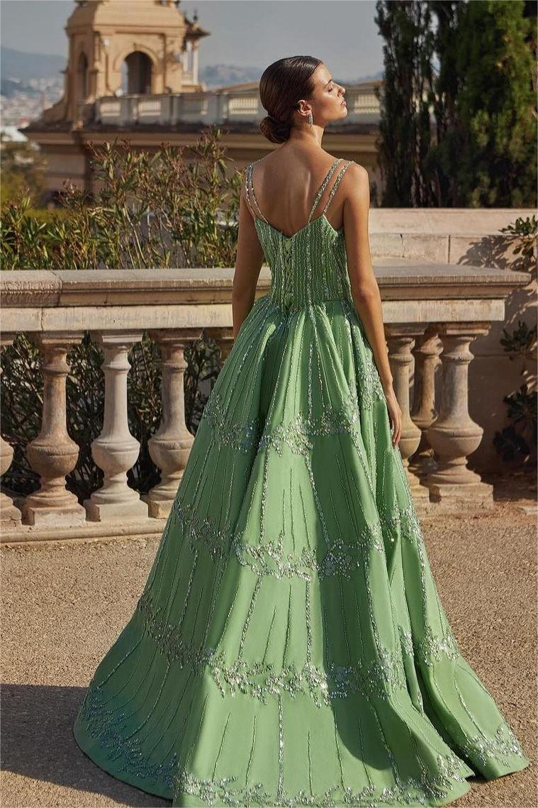 Green A Line Prom Dress Sleeveless Spaghetti Straps Formal Dress With Beadings and Rhinestones