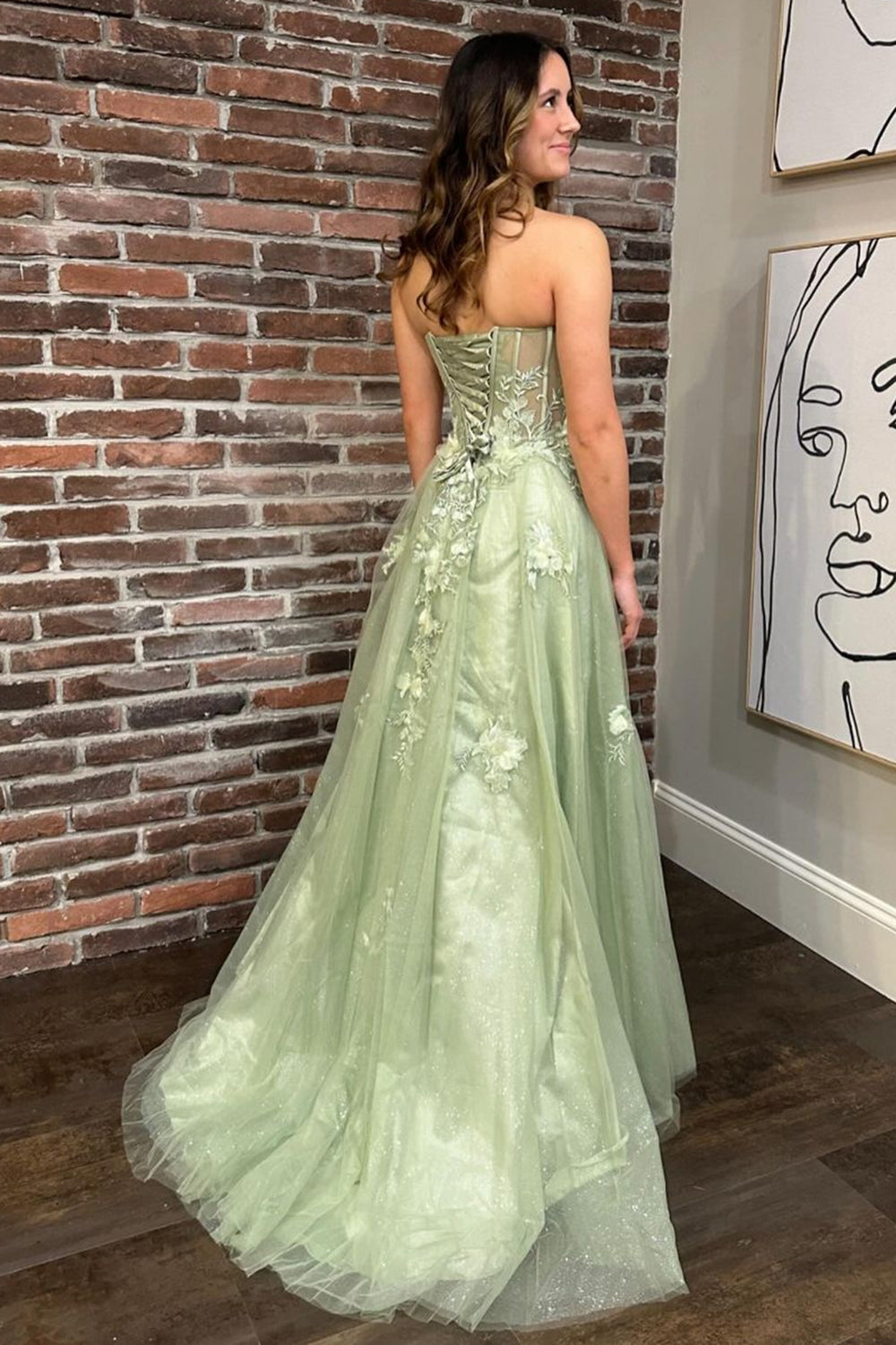 Green A Line Prom Dress Strapless Corset Appliqued Long Evening Dress with Slit