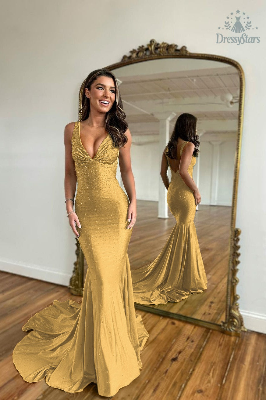 Green Beaded Mermaid V-Neck Backless Long Prom Dress