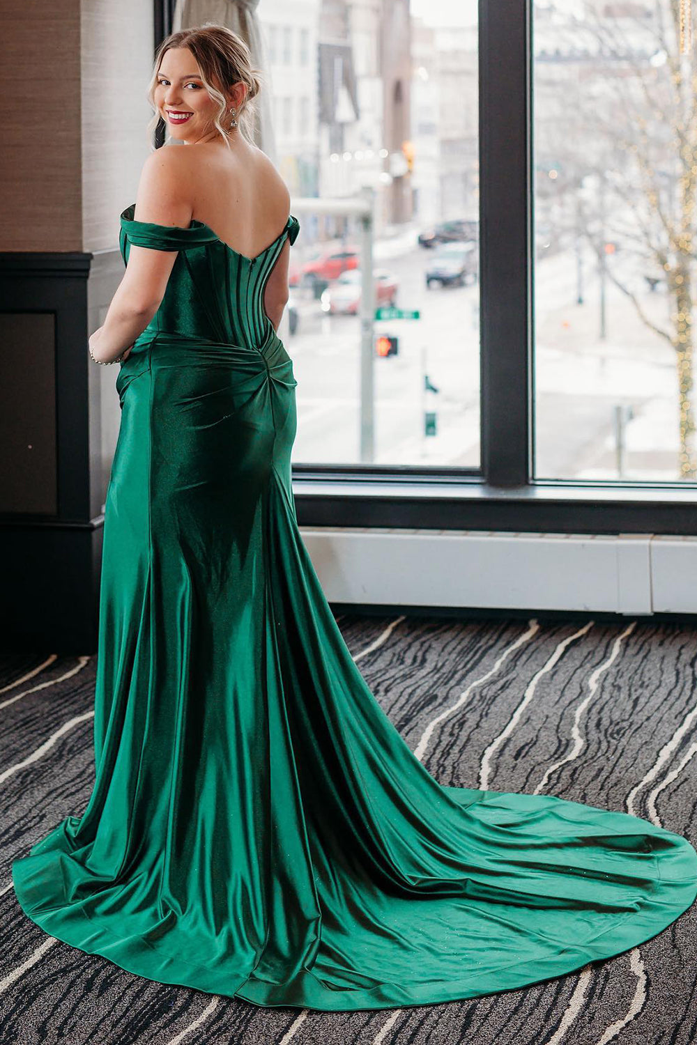 Green Corset Prom Dress Off the Shoulder Long Evening Dress with Slit
