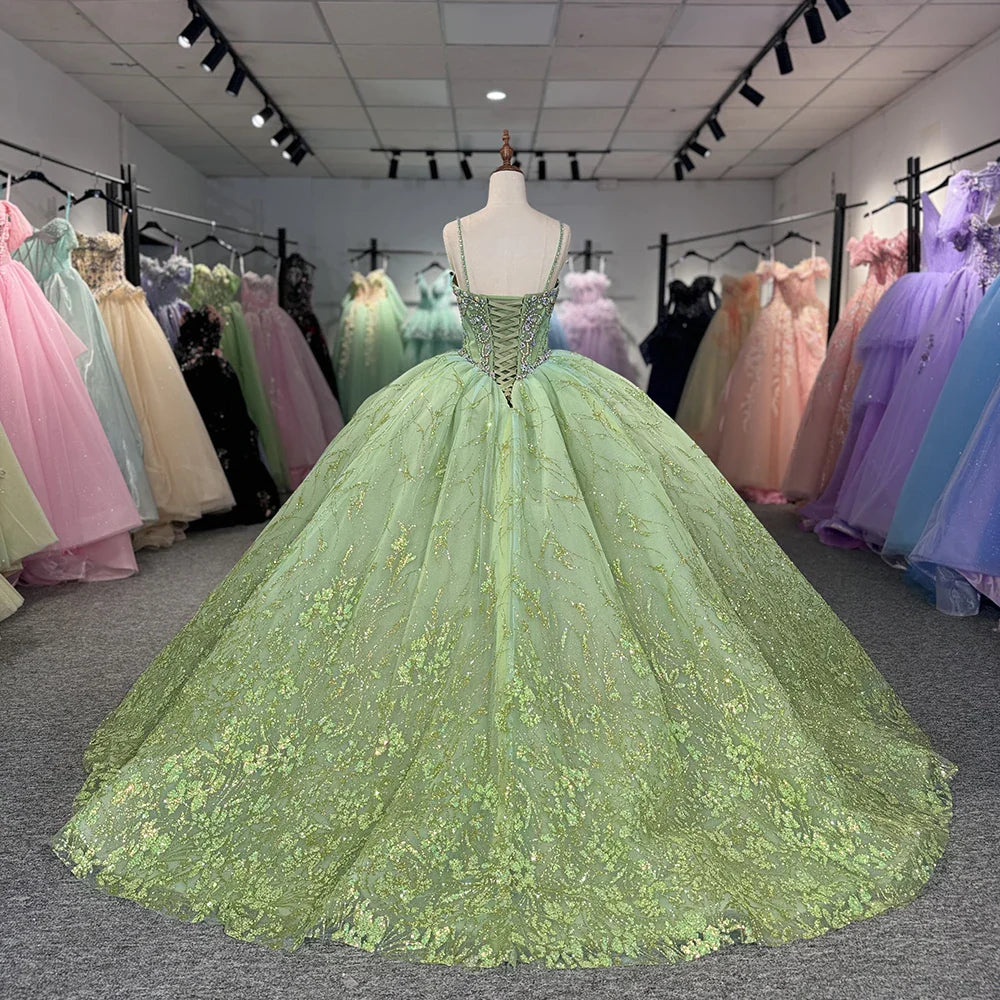 Green Crystal Quinceanera Dress Off The Shoulder Beaded Ball Gown Sweet 16 Party Dress