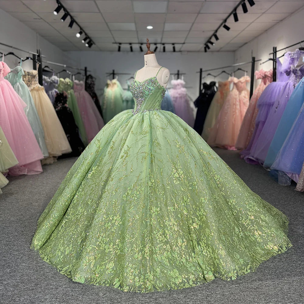 Green Crystal Quinceanera Dress Off The Shoulder Beaded Ball Gown Sweet 16 Party Dress