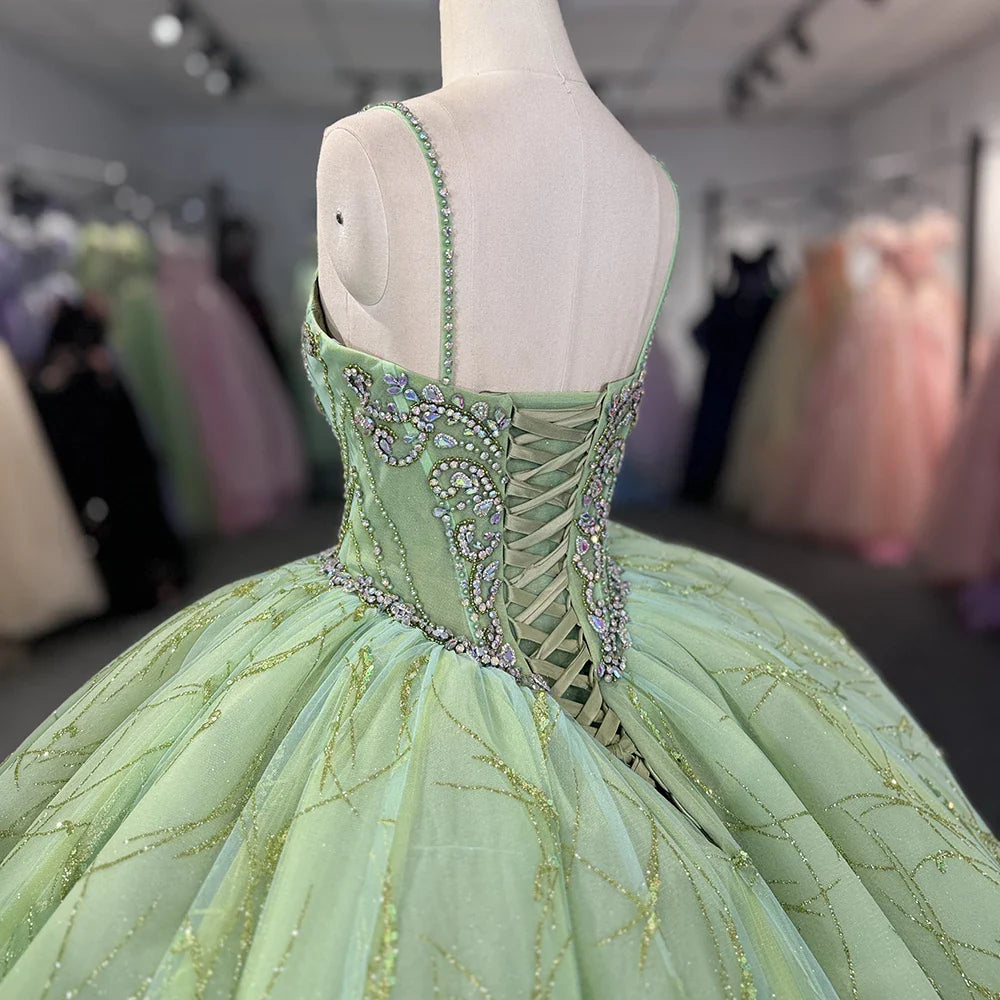 Green Crystal Quinceanera Dress Off The Shoulder Beaded Ball Gown Sweet 16 Party Dress