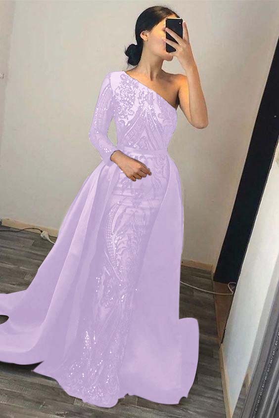 Green Detachable Train Prom Dress Long Sleeve One Shoulder Formal Dress With Sequins