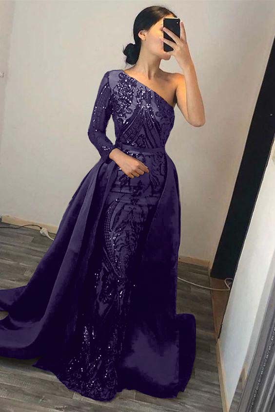 Green Detachable Train Prom Dress Long Sleeve One Shoulder Formal Dress With Sequins