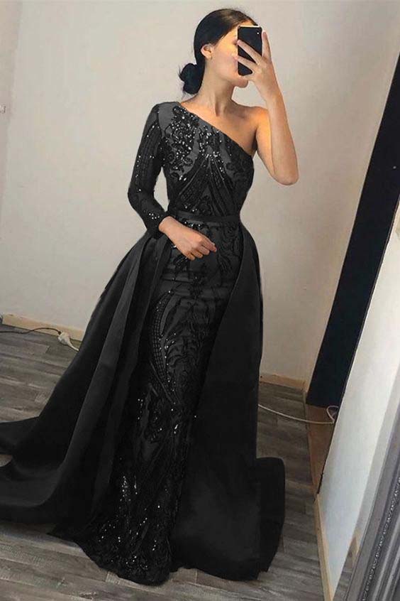 Green Detachable Train Prom Dress Long Sleeve One Shoulder Formal Dress With Sequins