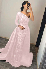 Green Detachable Train Prom Dress Long Sleeve One Shoulder Formal Dress With Sequins