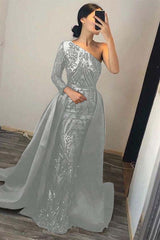 Green Detachable Train Prom Dress Long Sleeve One Shoulder Formal Dress With Sequins