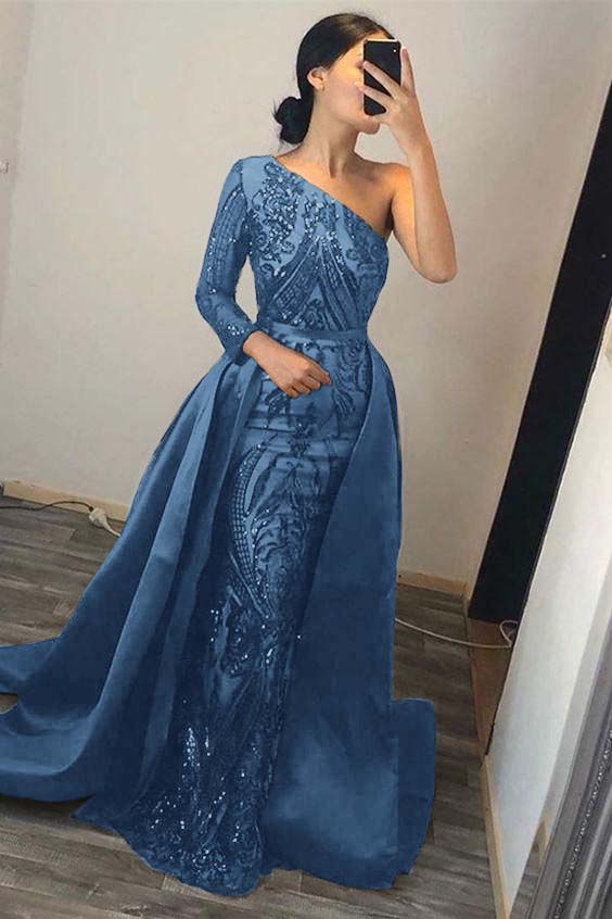 Green Detachable Train Prom Dress Long Sleeve One Shoulder Formal Dress With Sequins