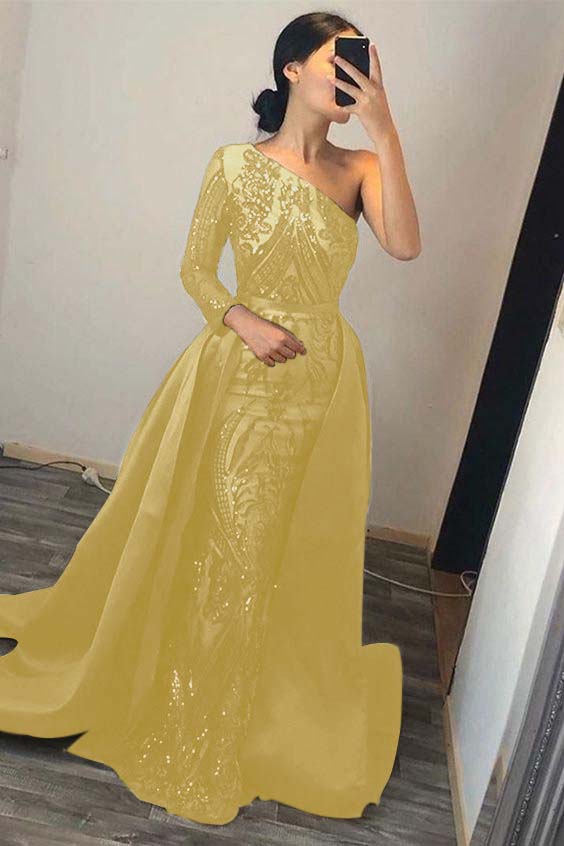 Green Detachable Train Prom Dress Long Sleeve One Shoulder Formal Dress With Sequins