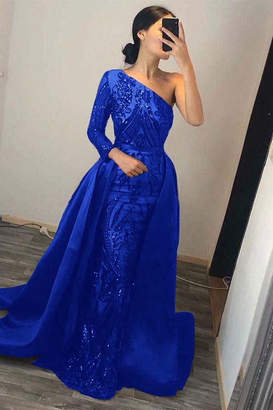 Green Detachable Train Prom Dress Long Sleeve One Shoulder Formal Dress With Sequins