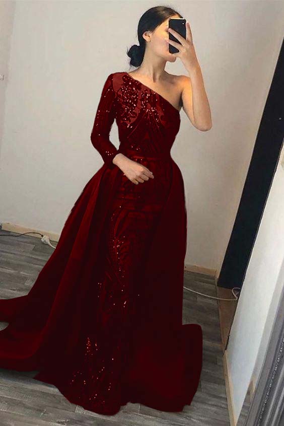 Green Detachable Train Prom Dress Long Sleeve One Shoulder Formal Dress With Sequins