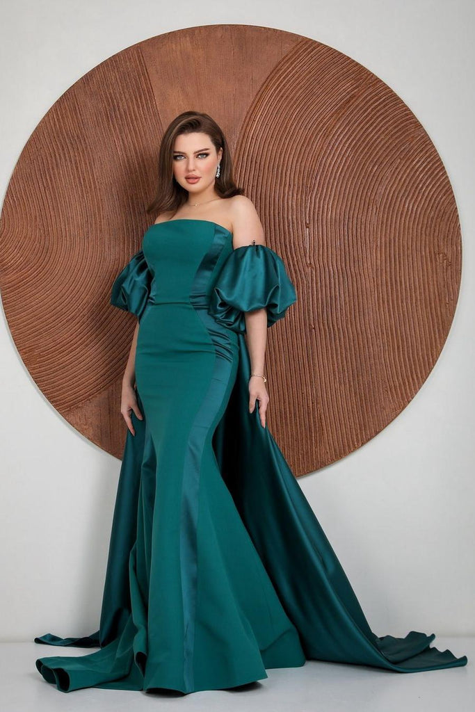 Dressystars Women Green Detachable Train Prom Dress Puff Sleeve Strapless  Satin Formal Dress