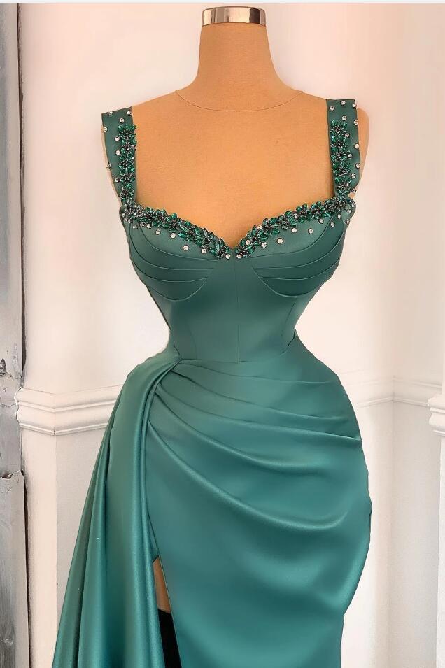 Green Detachable Train Prom Dress Sleeveless Straps Formal Dress With Beadings and Rhinestones