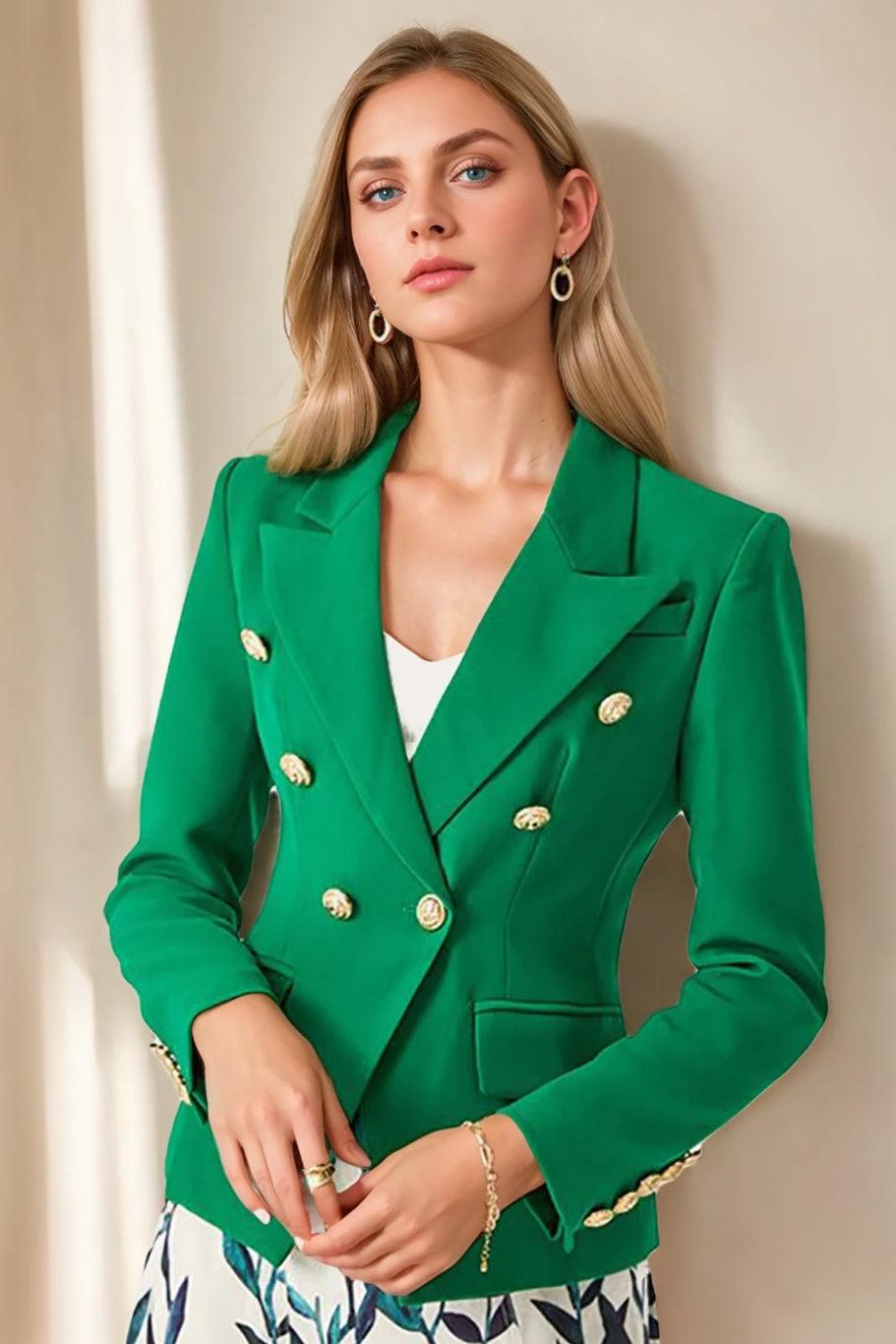 Green Double-Breasted Prom Blazer For Women With Peak Lapel