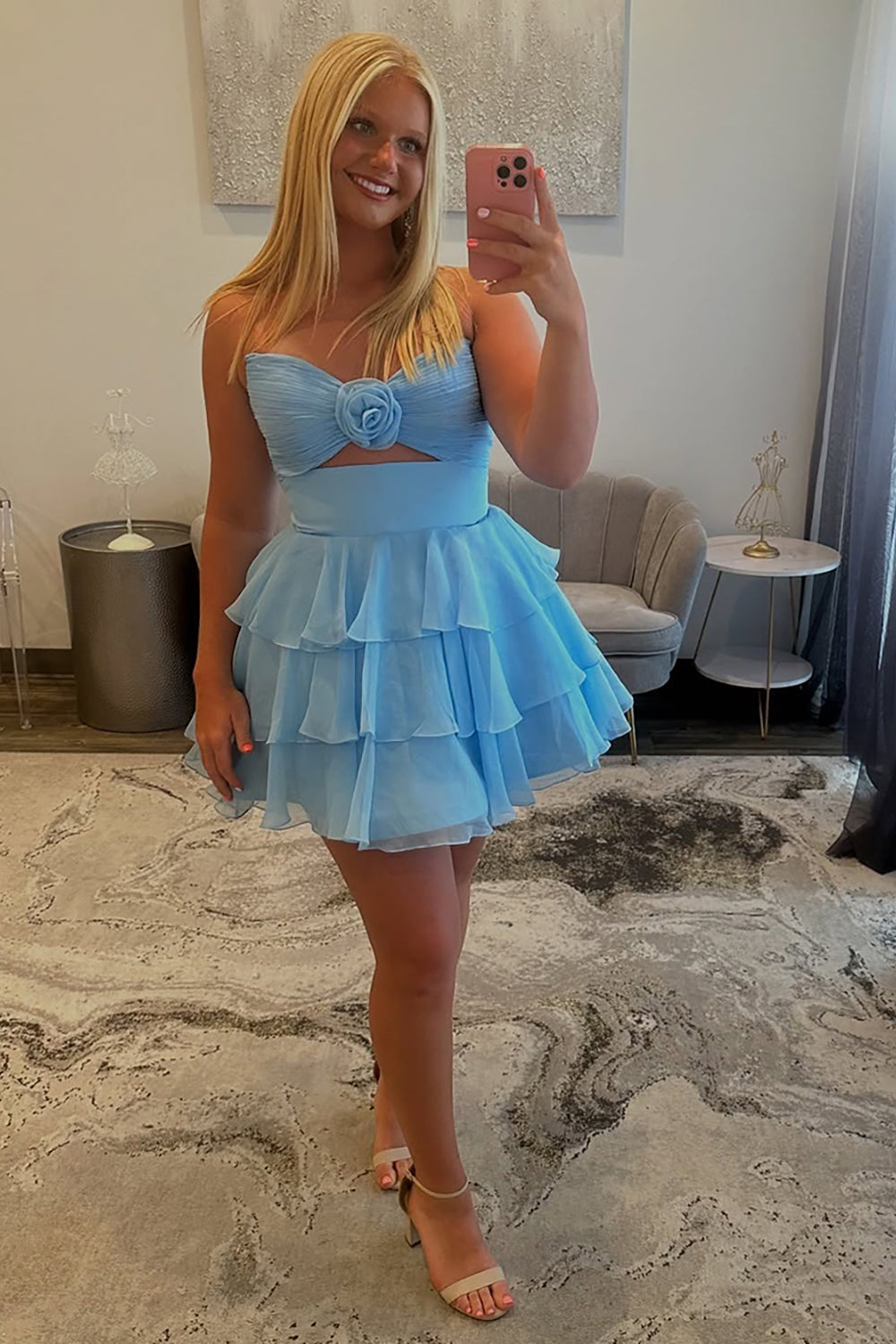 Green Floral Tiered Ruffled A Line Homecoming Dresses Short Cocktail Dresses