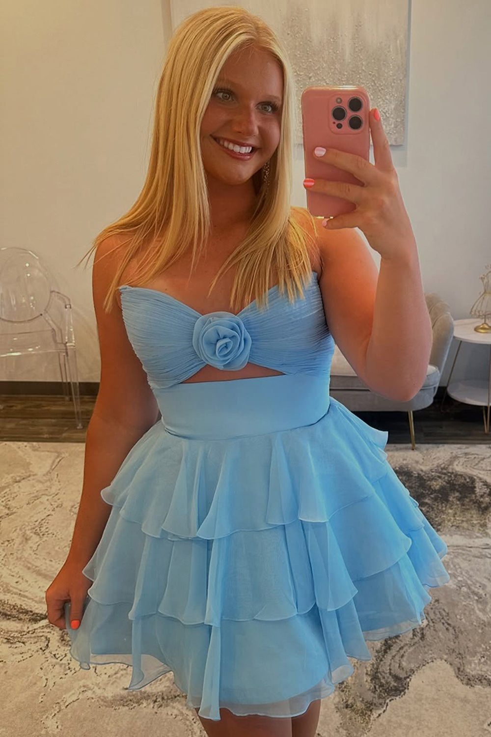 Green Floral Tiered Ruffled A Line Homecoming Dresses Short Cocktail Dresses