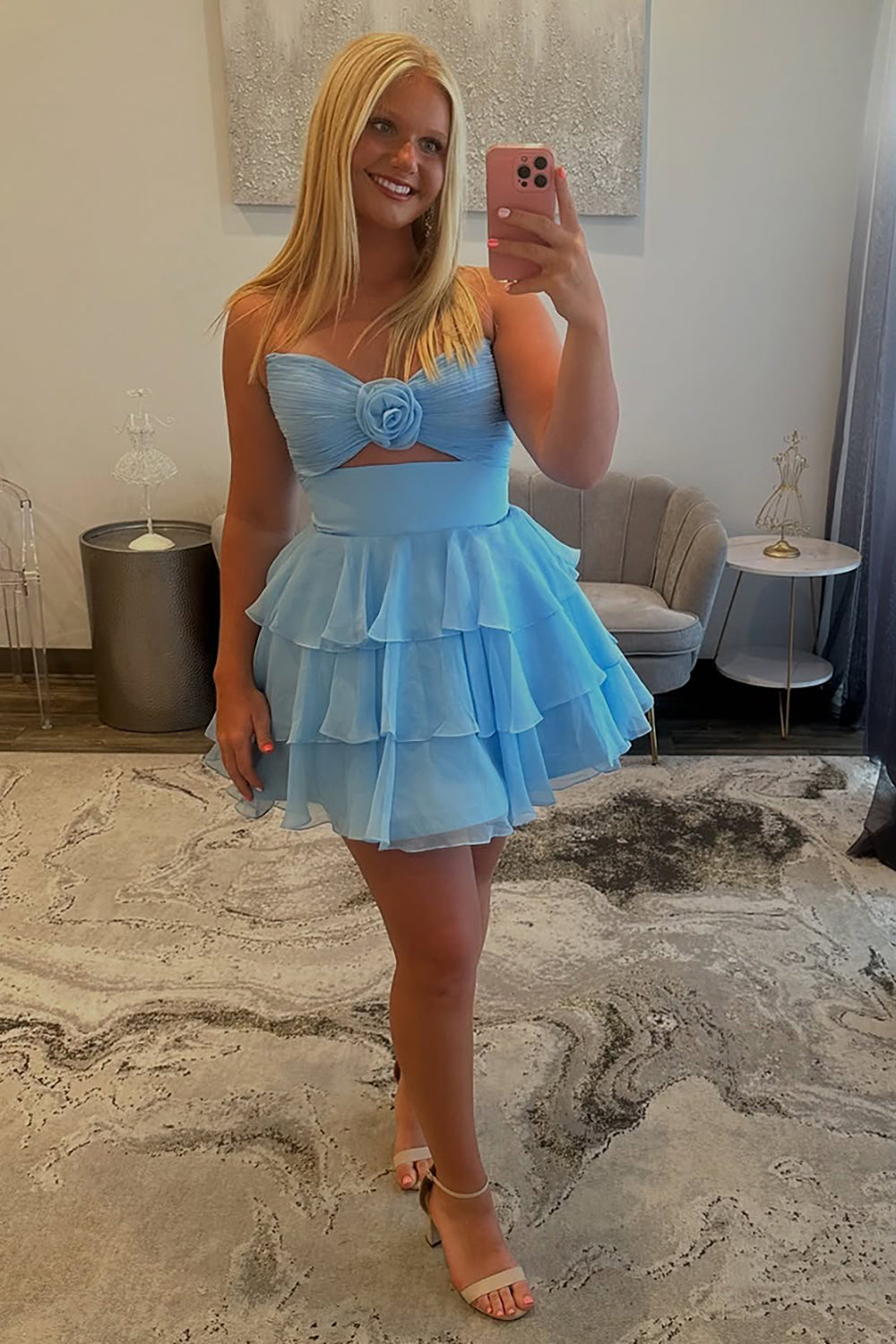 Green Floral Tiered Ruffled A Line Homecoming Dresses Short Cocktail Dresses