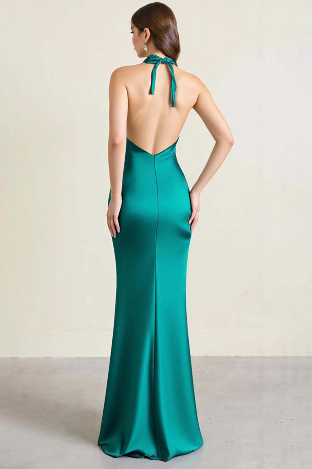 Green Formal Dress Satin Halter Long Backless Sheath Wedding Guest Dress With Slit