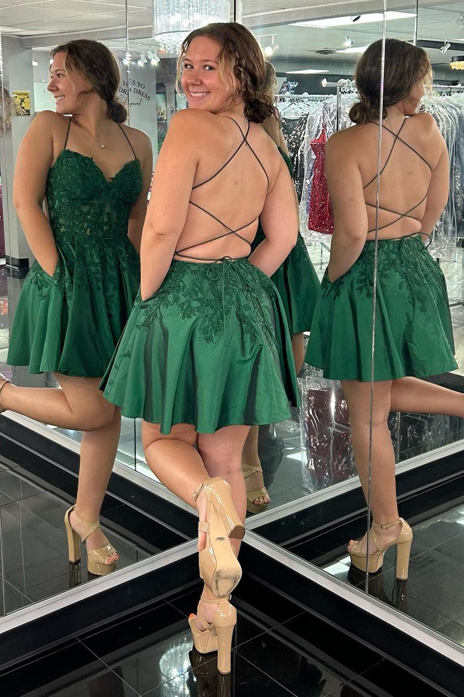 Green Homecoming Dress Appliques Heart shaped Lace Up A Line Party Short Party Cocktail Dress