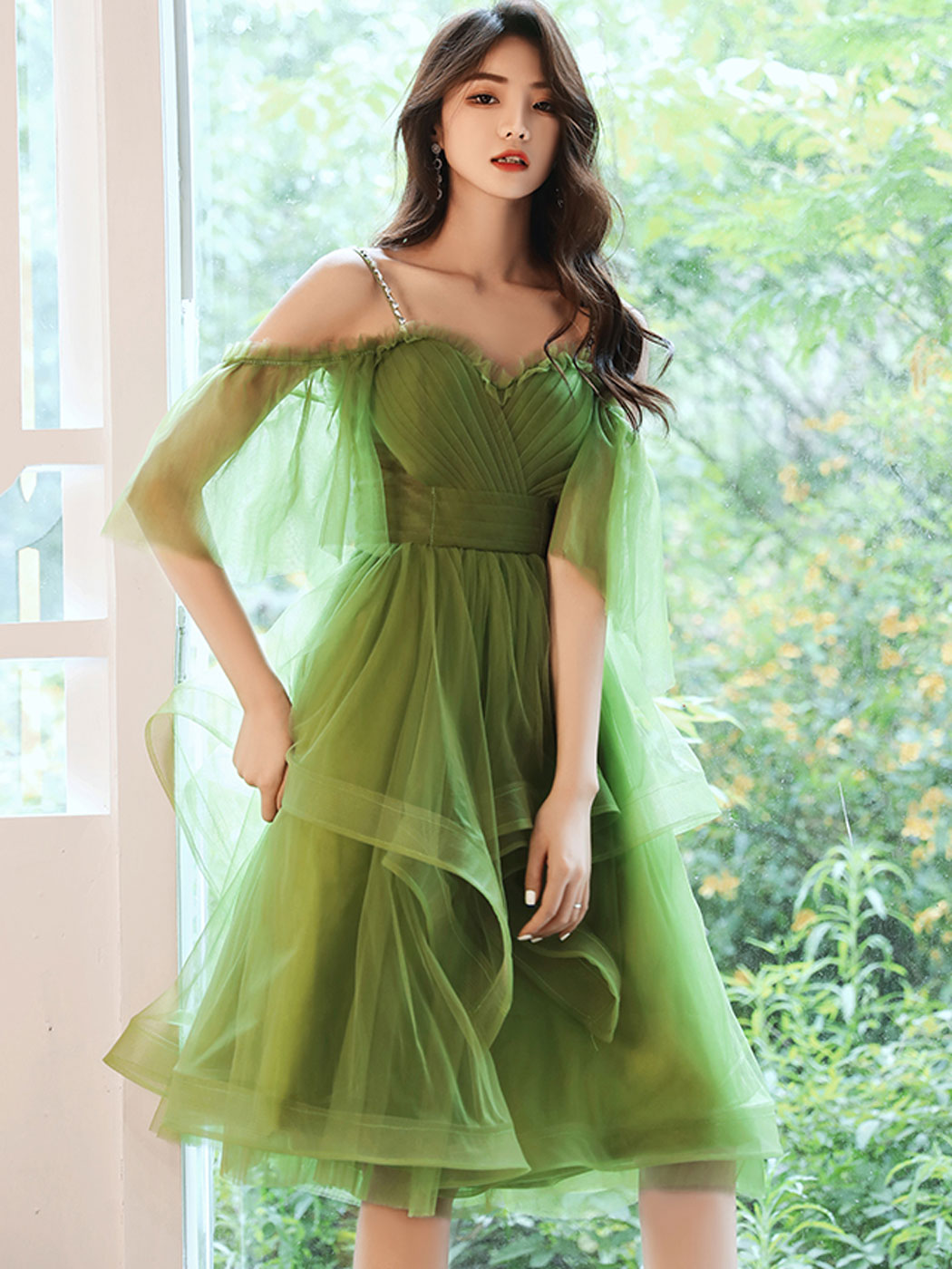 Green Homecoming Dress Off Shoulder Tulle Short Party Cocktail Dress