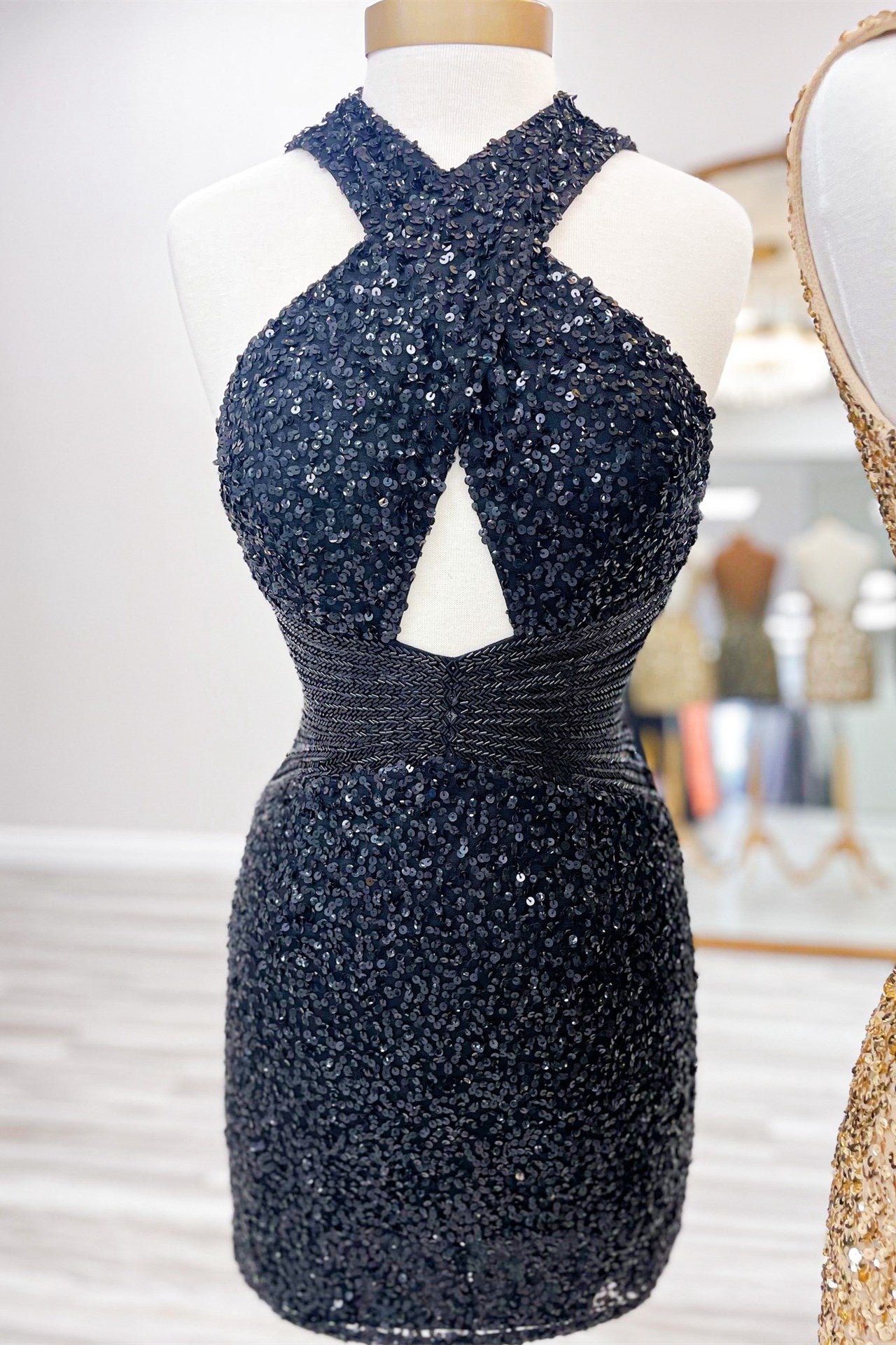 Green Homecoming Dress Sequin Style Cross Front Short Party Cocktail Dress