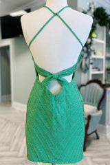 Green Homecoming Dresses Beaded Sequin Backless Tight Short Cocktail Dresses