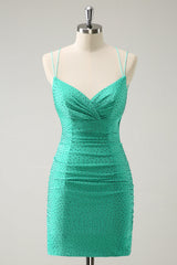 Green Homecoming Dresses Beaded Spaghetti Straps Tight Short Cocktail Dresses