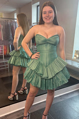 Green Homecoming Dresses Corset Tiered Sweetheart A Line Short Cocktail Dresses