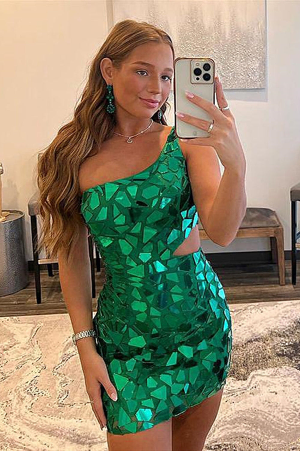 Green Homecoming Dresses One Shoulder Mirror Tight Short Cocktail Dresses with Sequin
