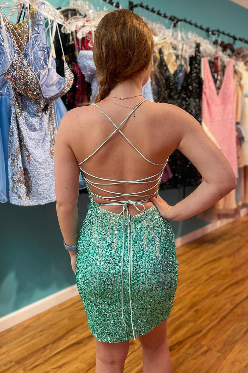 Green Homecoming Dresses Sequin Lace-Up Back Tight Cocktail Dresses