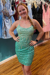 Green Homecoming Dresses Sequin Lace-Up Back Tight Cocktail Dresses