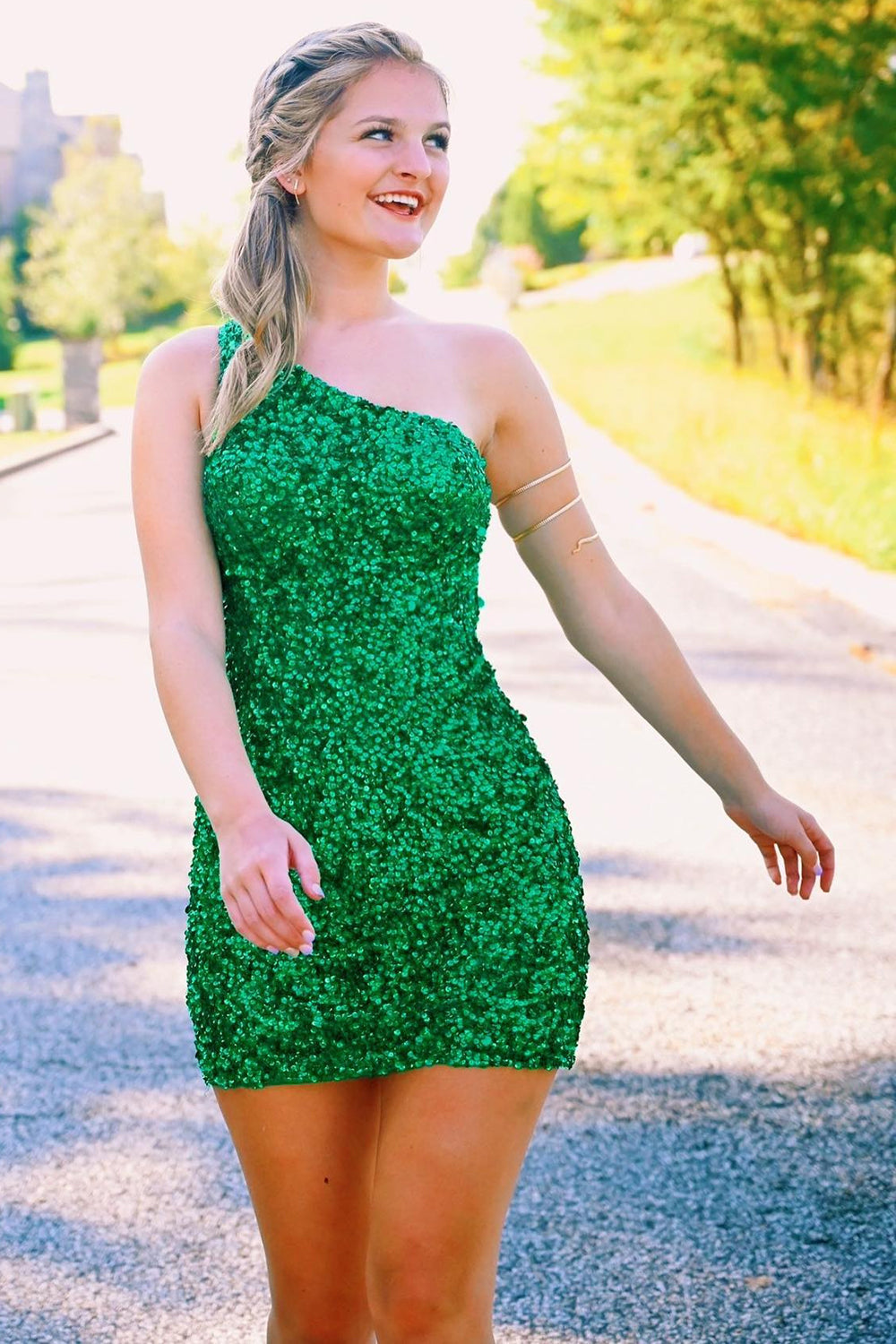Green Homecoming Dresses Sequin One Shoulder Tight Cocktail Dresses