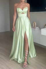 Green Keyhole Wedding Guest Dress A Line Sweetheart Long Prom Dress With Slit
