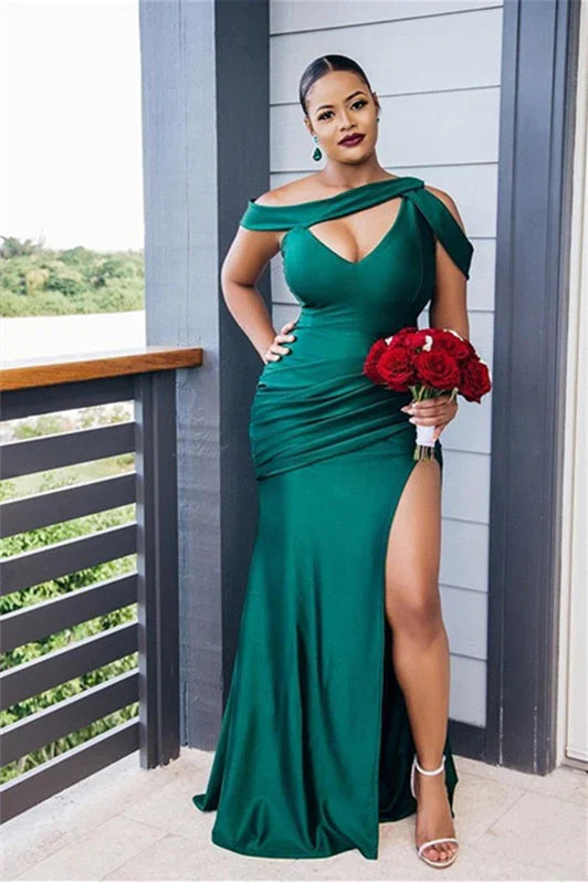 Green Mermaid Bridesmaid Dress Satin Wedding Guest Dress with Slit