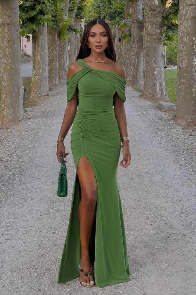 Green Mermaid Prom Dress Cap Sleeve Asymmetric Neck Satin Formal Dress