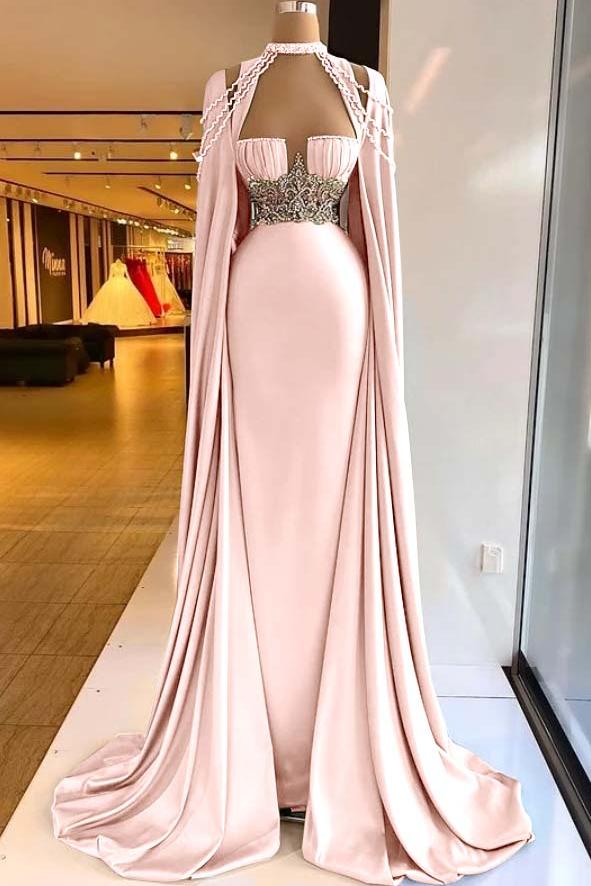Green Mermaid Prom Dress Cap Sleeve Halter Neck Formal Dress With Beadings and Rhinestones